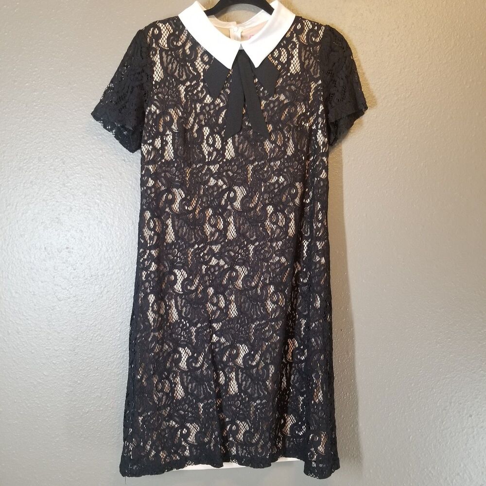 Betsey Johnson 12 Dress Black Lace Lined Knee Length Bow Neck Twee Whimsigoth